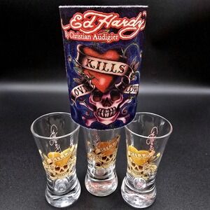 Y2K Ed‎ Hardy Christian Audigier Love Kills Slowly Shot Glass Set of 3 w/ Koozie